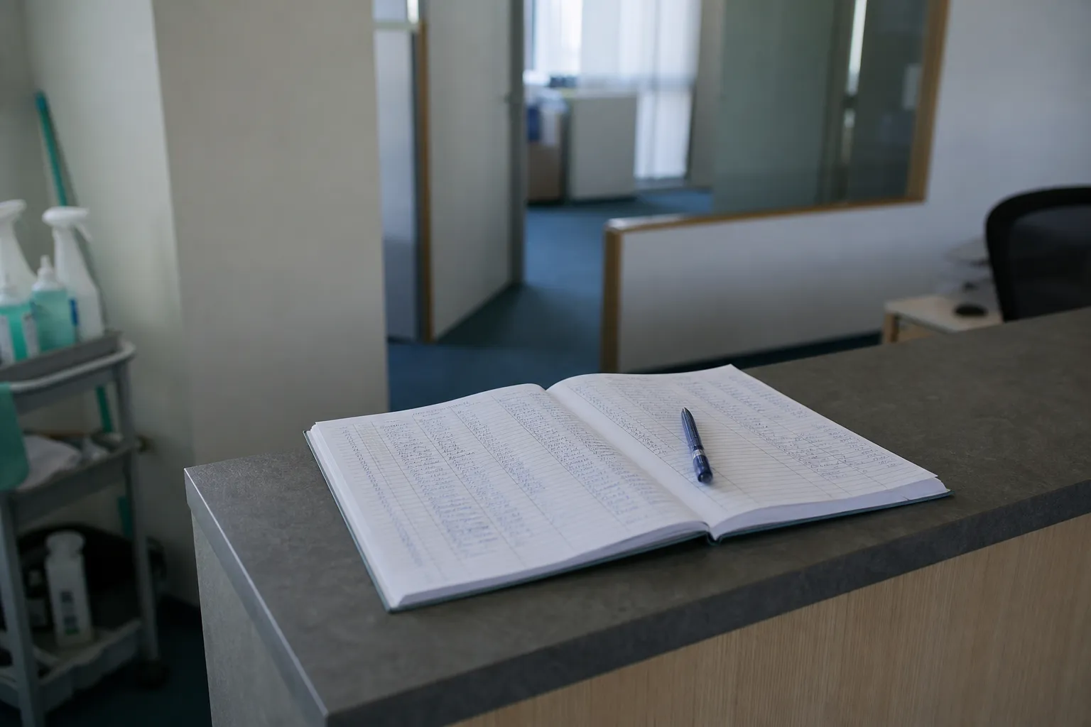 Cahier de liaison ouvert sur une banque d'accueil, colonnes de dates et d'initiales remplies à la main