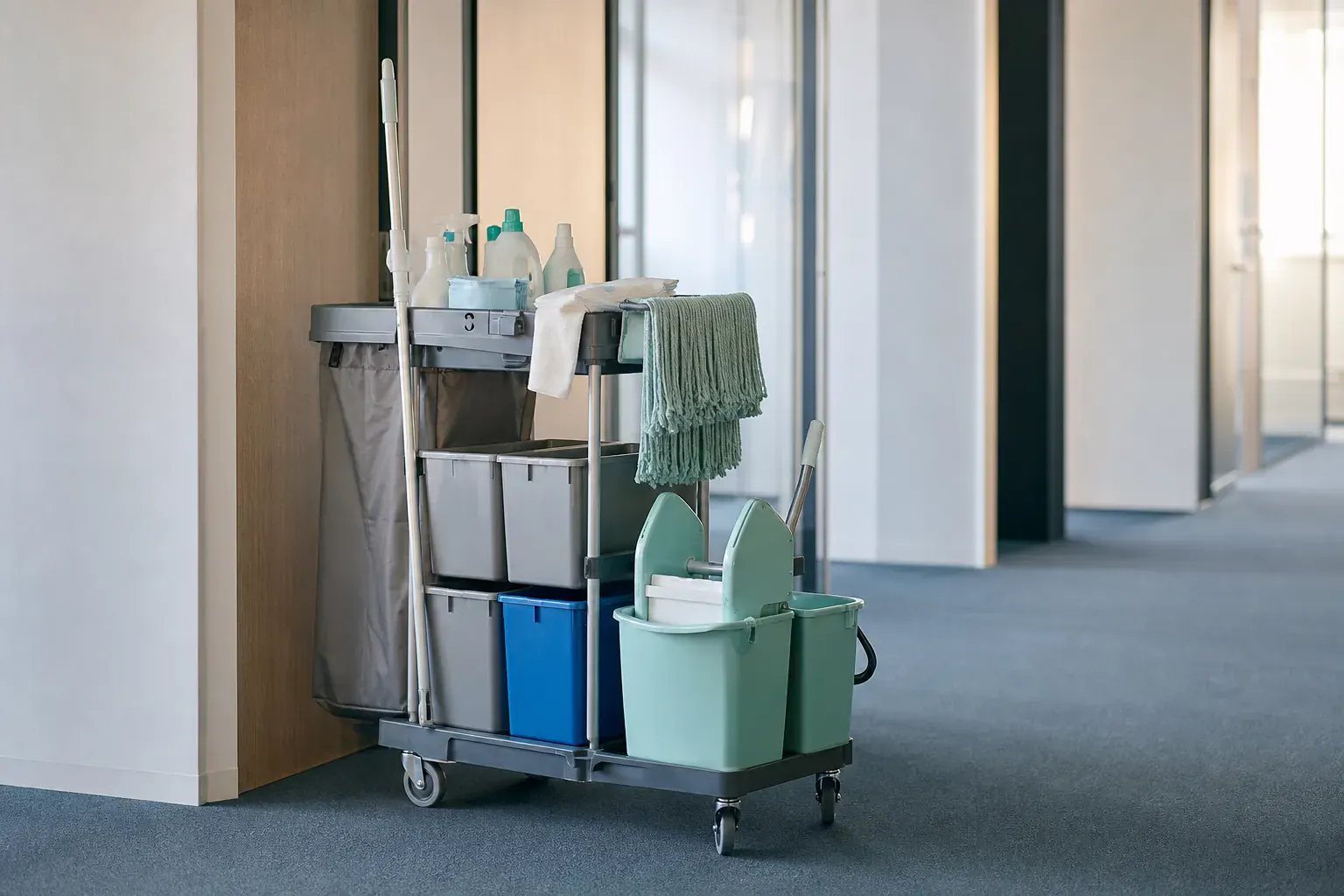 Chariot d'entretien complet vu de trois quarts, bacs de tri séparés, franges repliées, flacons sans étiquette