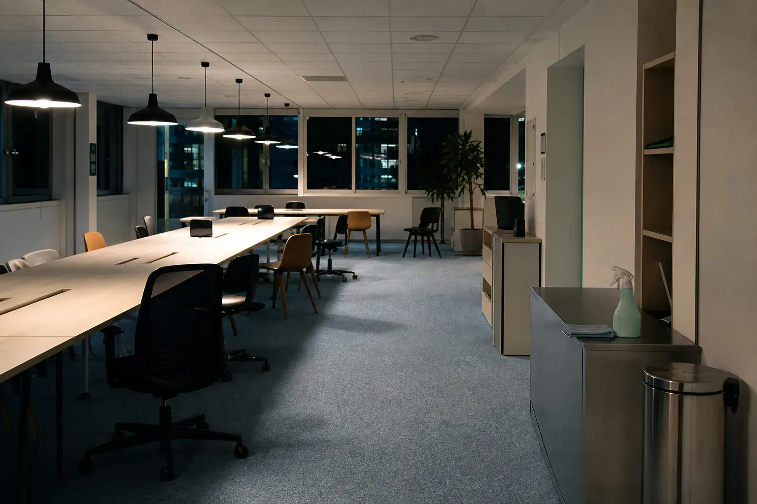 Espace de coworking le soir, tables partagées débarrassées, chaises dépareillées