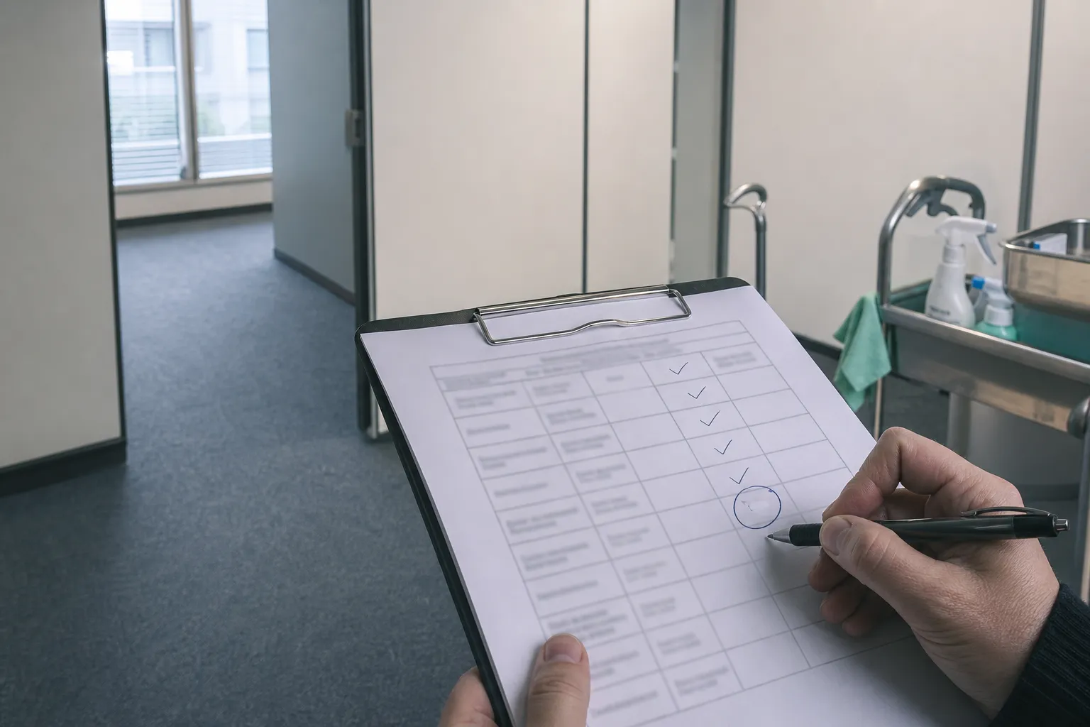 Grille de contrôle qualité imprimée sur un porte-bloc, cases cochées et une case vide entourée