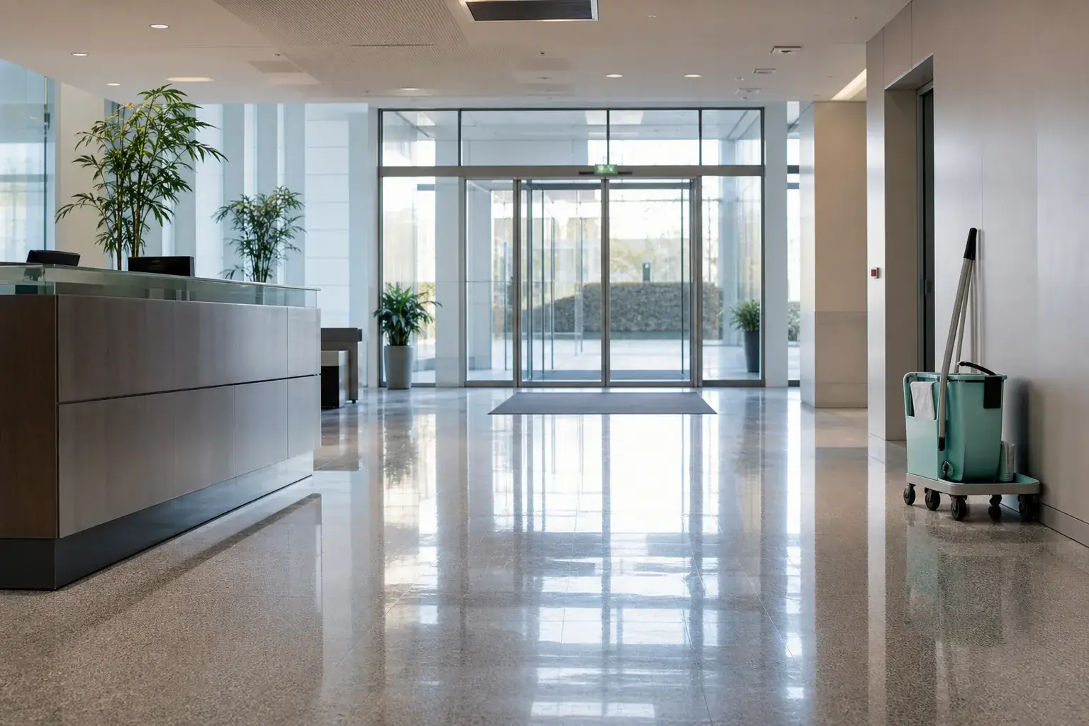 Hall d'accueil de bureaux au petit matin, sol dur fraîchement lavé avec reflet, banque d'accueil vide
