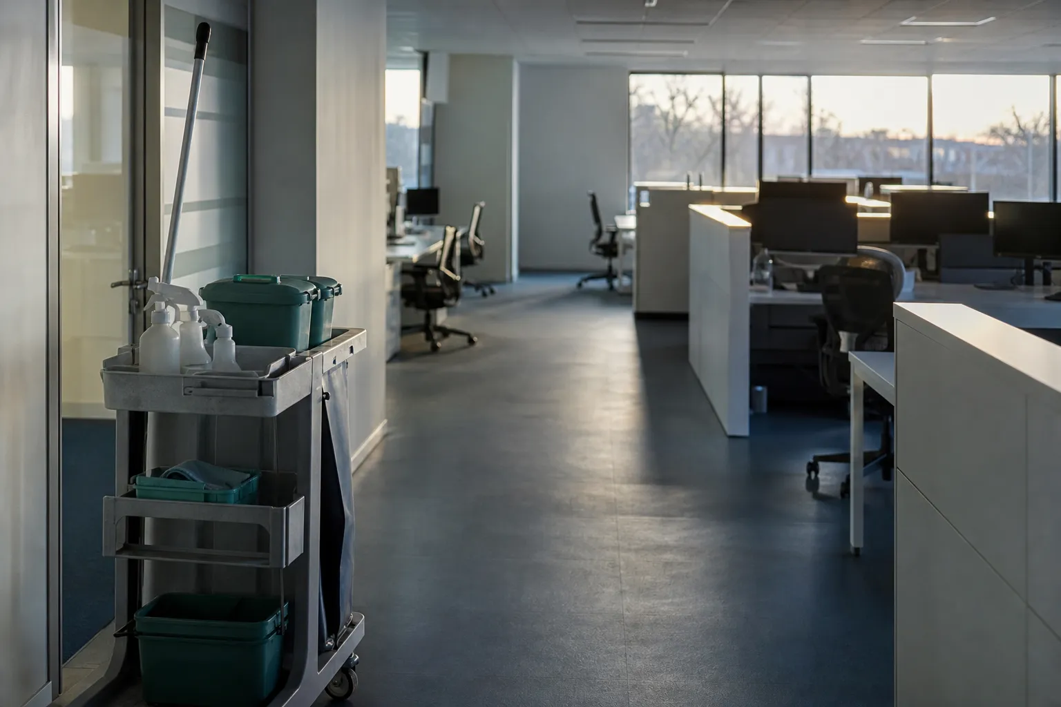 Plateau de bureaux vide en fin de journée, lumière rasante sur les postes, chariot d'entretien à l'entrée de l'allée