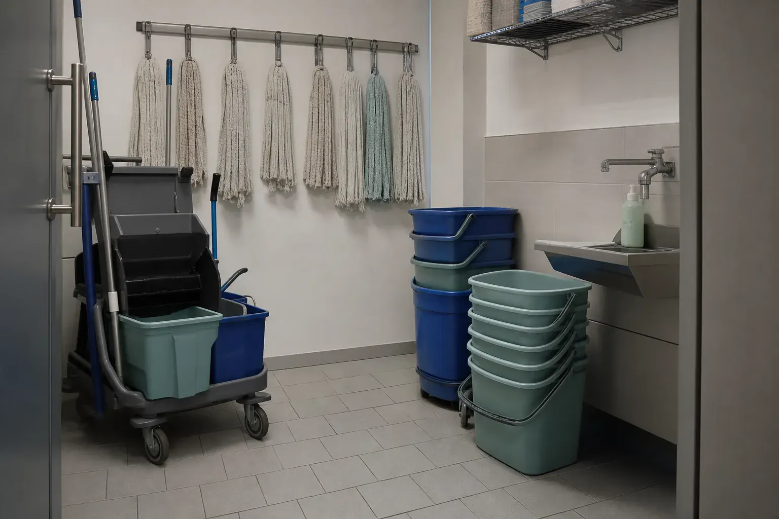 Local de ménage rangé, chariot au repos, franges propres suspendues, seaux empilés