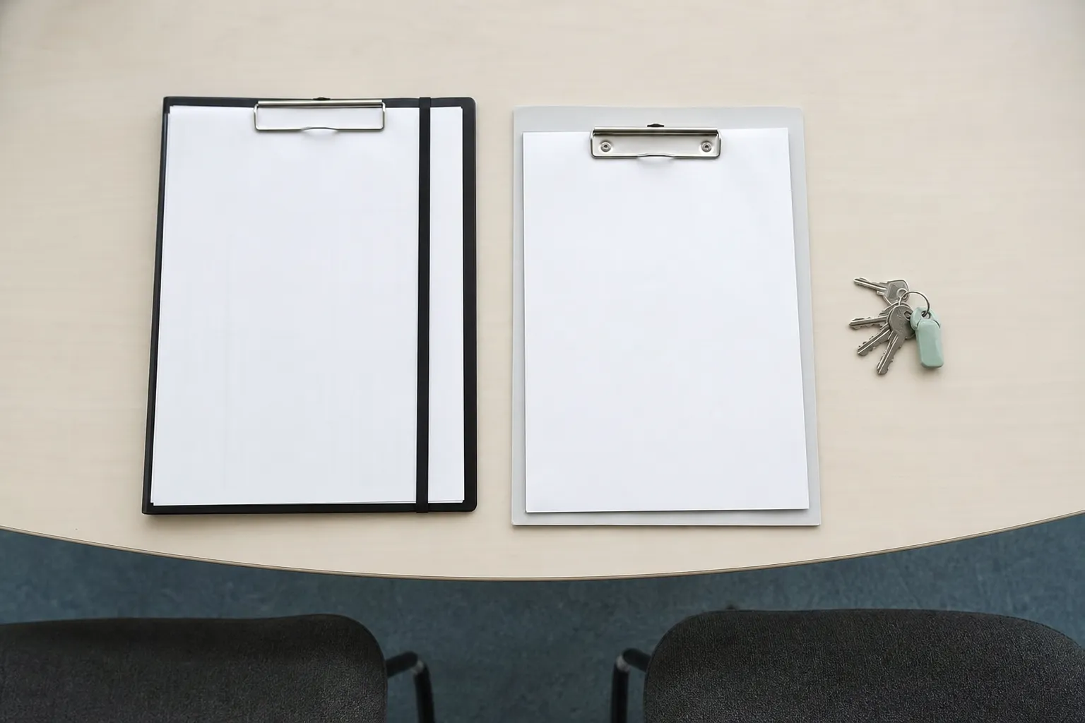 Deux porte-blocs et un trousseau de clés posés sur une table de réunion, mains hors cadre