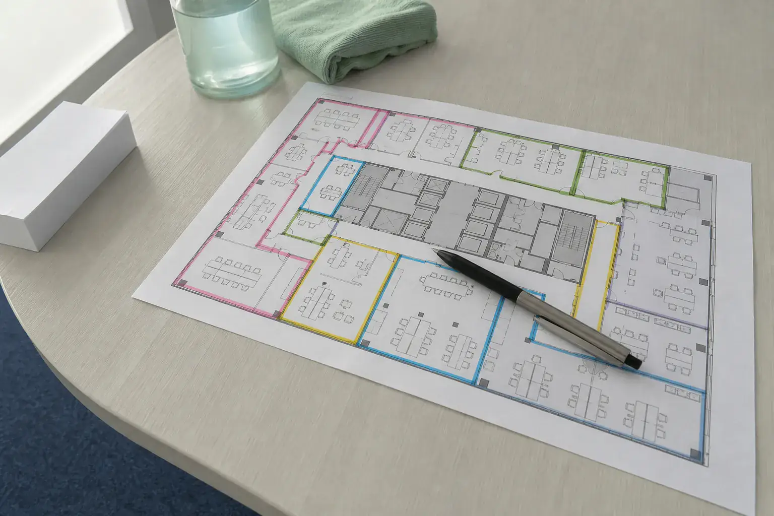 Plan d'étage de bureaux posé à plat, zones surlignées au feutre, stylo posé en travers