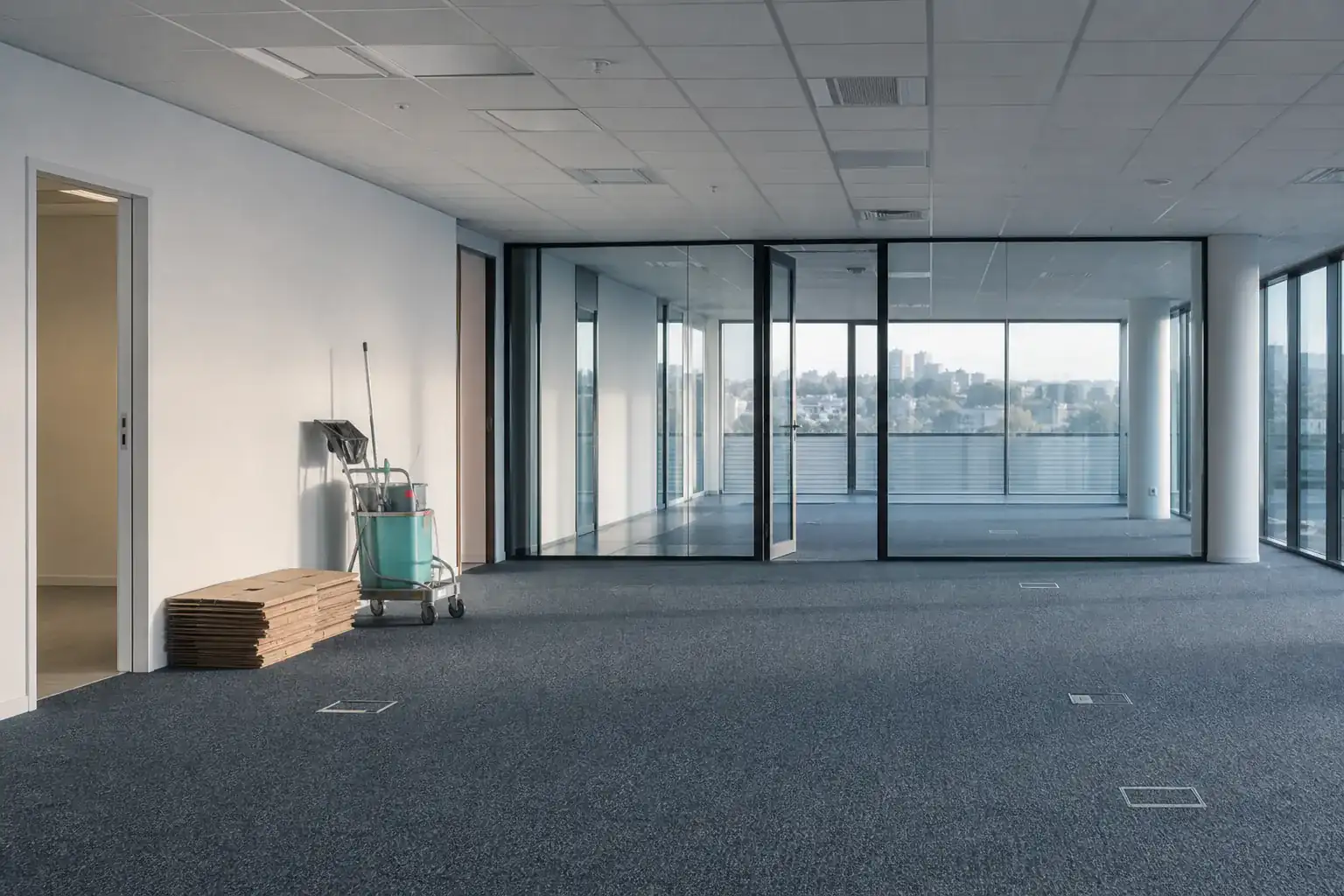 Plateau de bureaux remis en état, sol lavé, vitres faites, cartons pliés le long du mur
