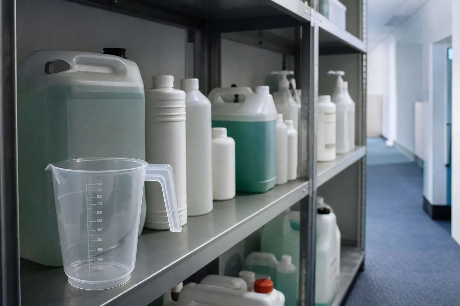 Flacons et bidons de produits d'entretien rangés en réserve, étiquettes neutres, doseur gradué au premier plan