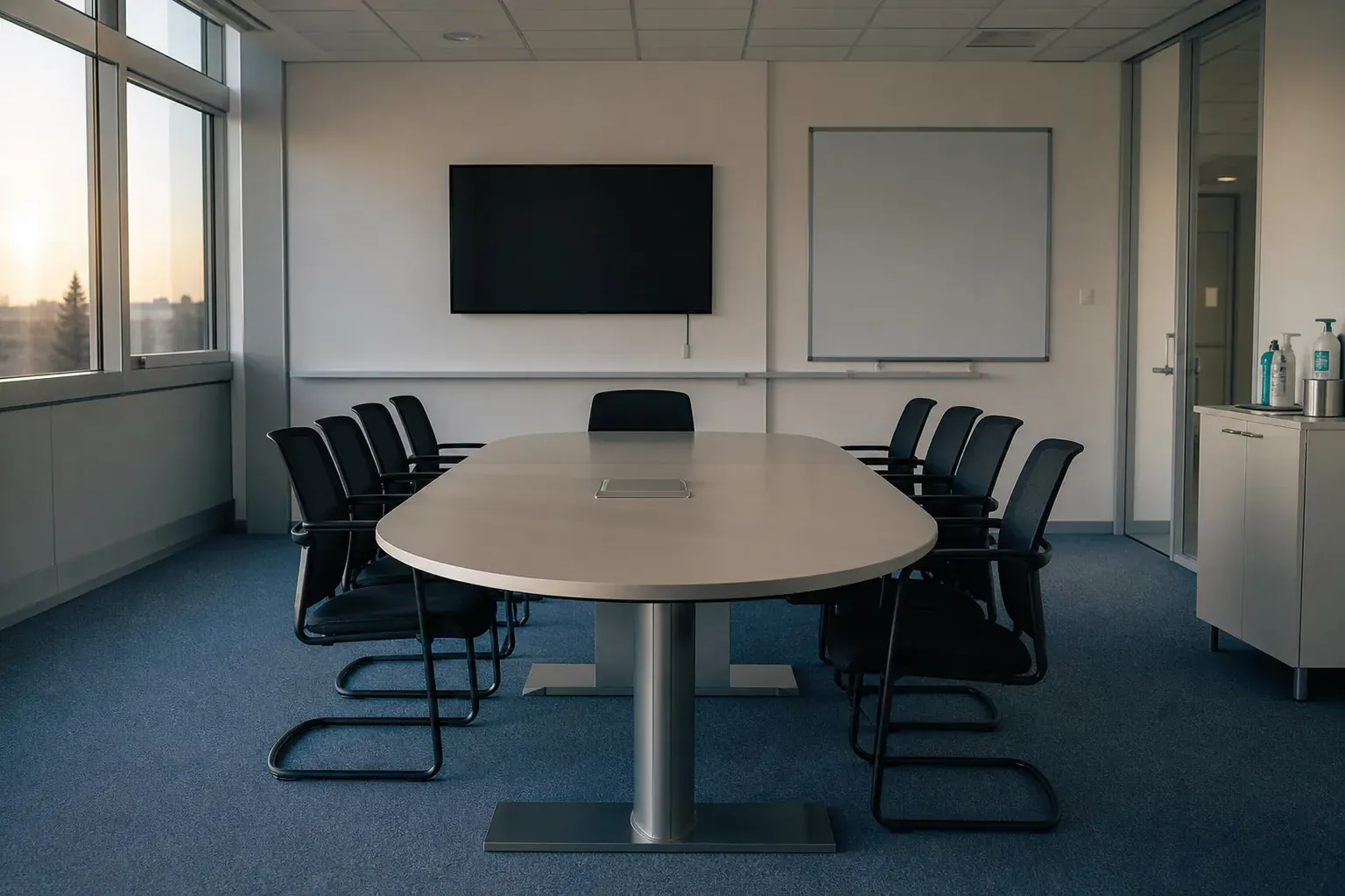 Salle de réunion remise en ordre, table nettoyée, chaises alignées, tableau effacé